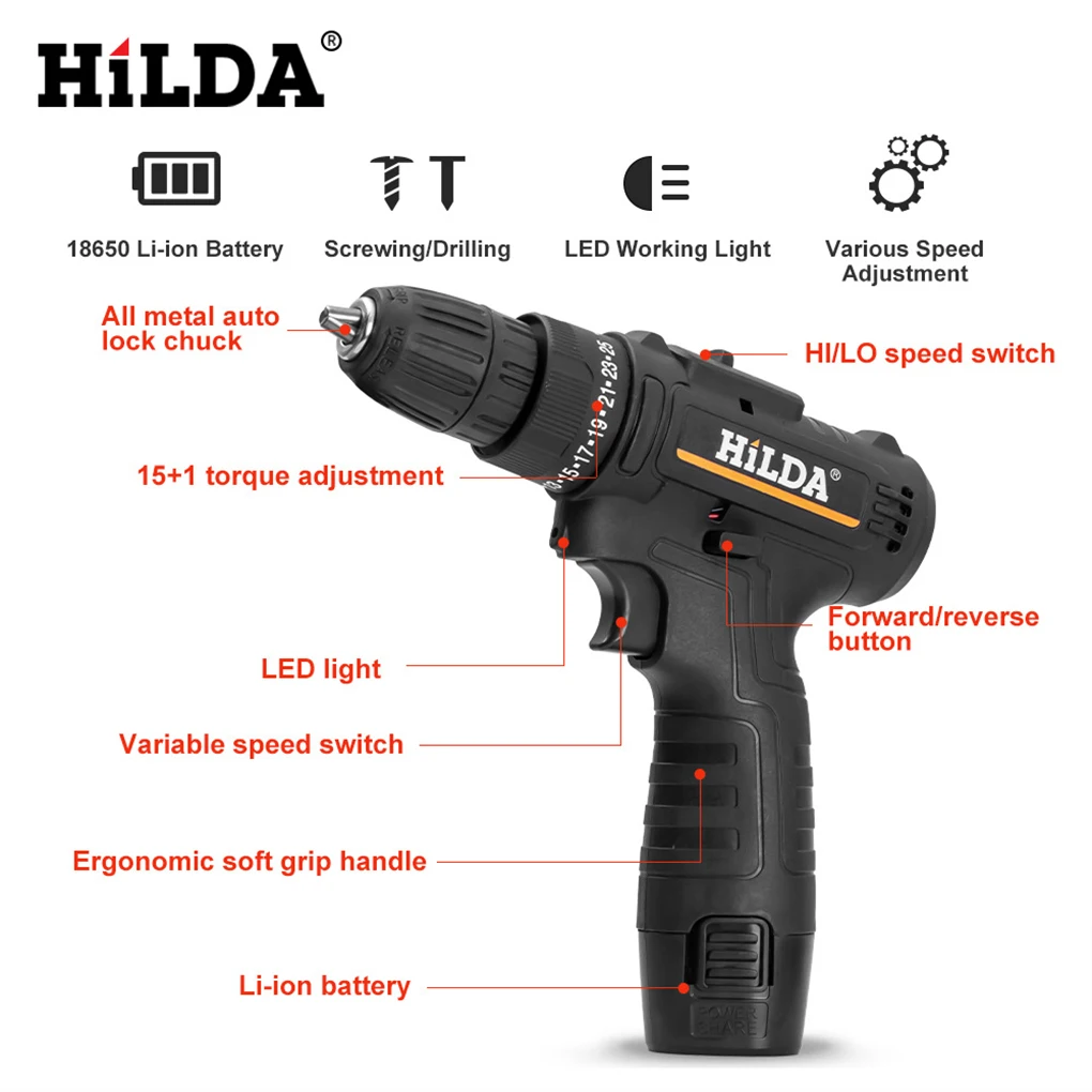 HiLDA 12V Electric Screwdriver Lithium Electric Drill Household Wireless Impact Drill Charging Screwdriver Electric Drill