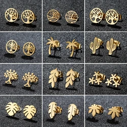 Tree Of Life Stud Earring For Women Stainless Steel Ear Piercing Golden Color Leaf Stud Bohemian Wedding Tragus Jewelry