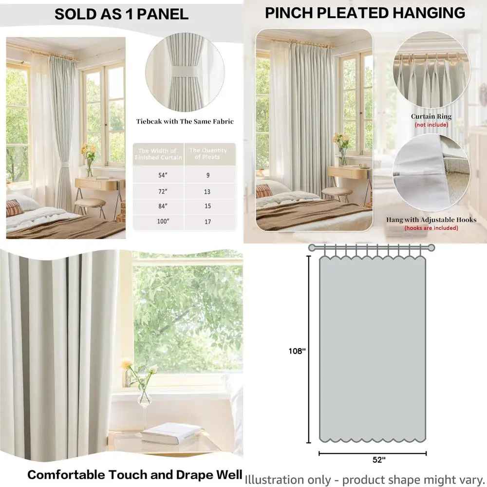 

Faux Linen Pinch Pleat Curtain Panel, 108 Long for Bedrooms, Living Rooms, and Meeting Spaces (White, 52 W x 108 L, 1 Piece)