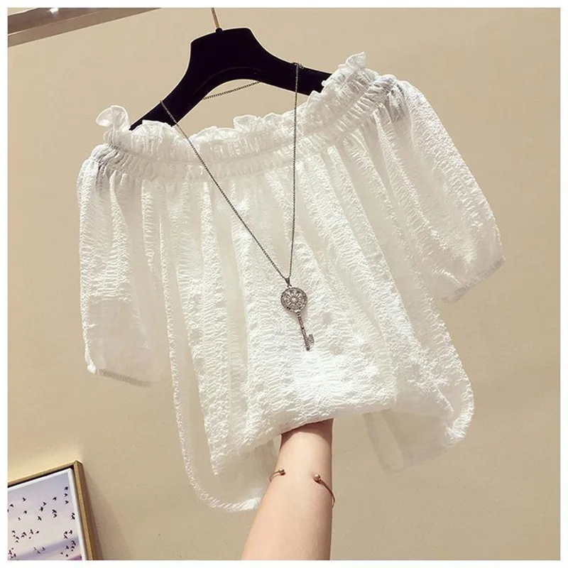 Elegant Slash Neck Ruffles Folds Short Sleeve Chiffon Shirt Fashion Solid Color Commute Women Clothing Blouse Casual Pullovers