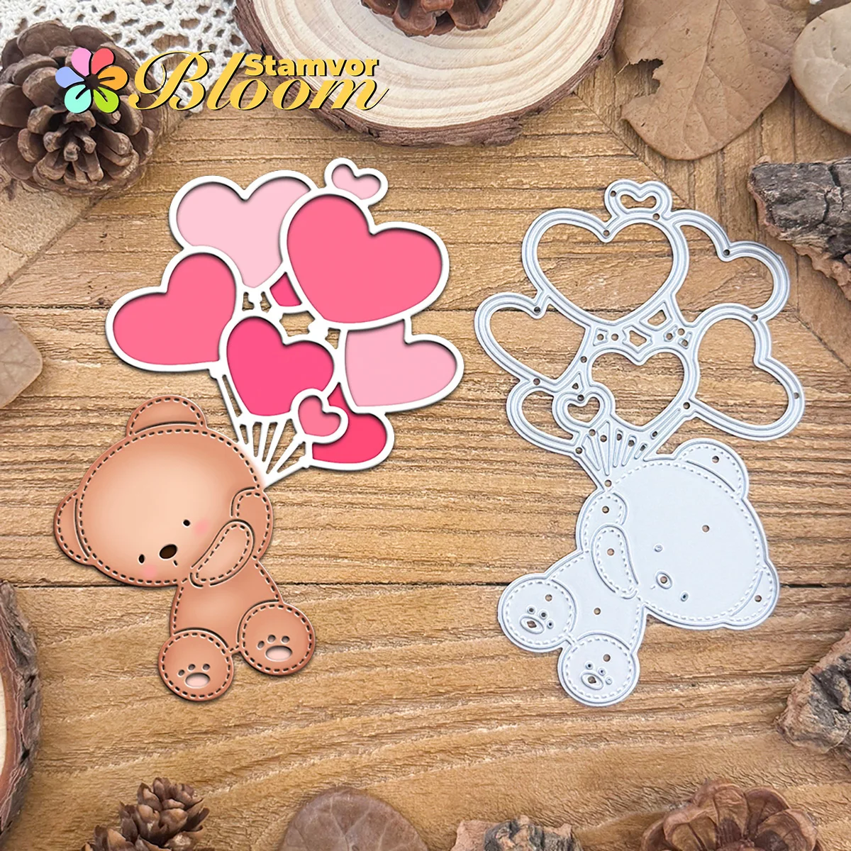 Original adorável dia dos namorados bebê urso com balões de amor pacote corte de metal scrapbooking gravação decorativa