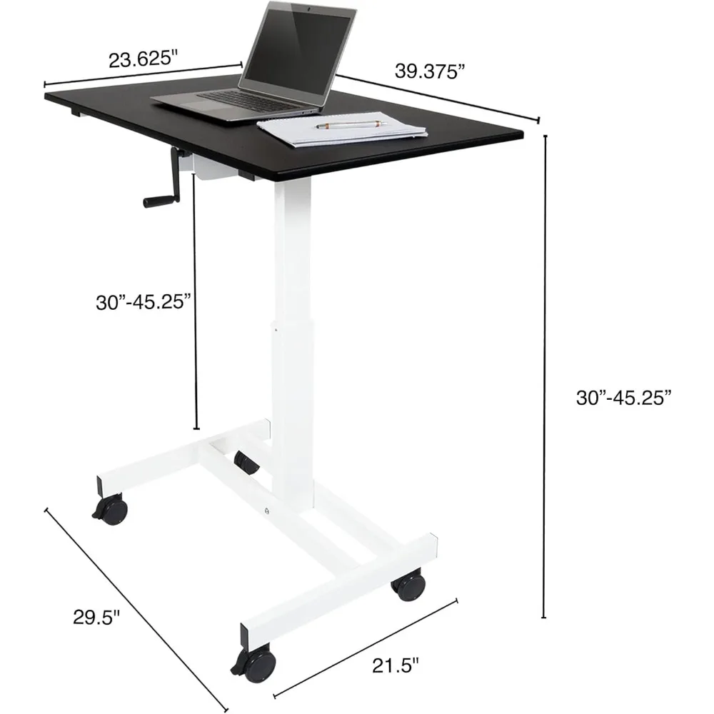 Stand Up Desk Store Crank Adjustable Height Single Column Rolling Mobile Standing Desk (White Frame/Black Top, 40