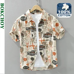 2024 Spring Summer New Pure Cotton Casual Printed Short Sleeve Shirts Men Clothing Thin Comfortable Streetwear CM8016