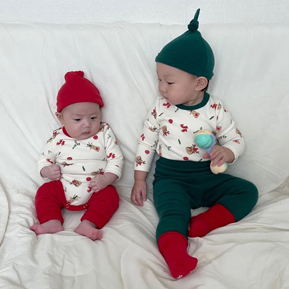 

Baby New Year Christmas Cartoon Print Red Green Long Sleeved Rompers Hat Pants Set Toddler Xmas Birthday Party Homewear Bodysuit