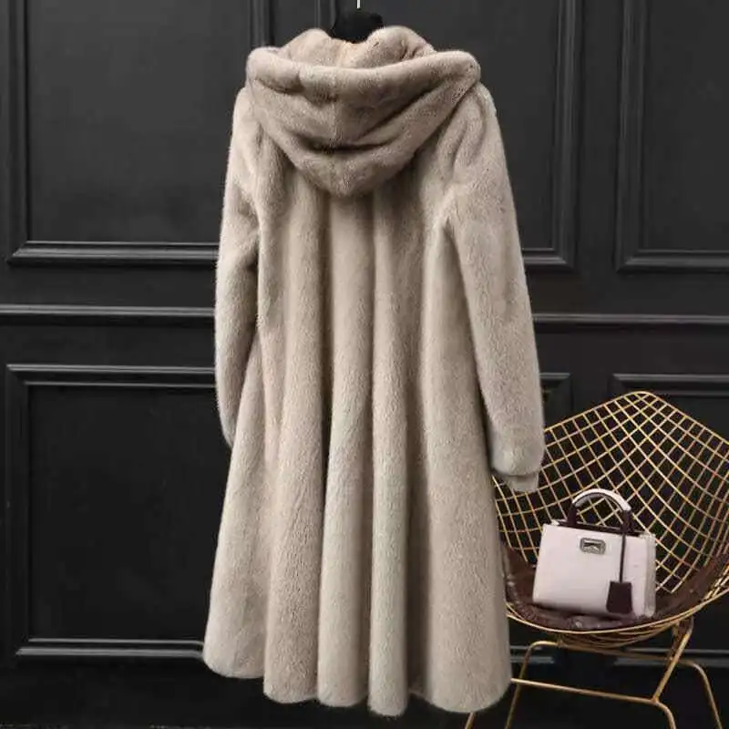 2024 Winter New Middle Age Fox Fur Grass Imitation Mid Length Mother Parker Coat Thick Hooded Warm Mink Fleece Jacket Y188