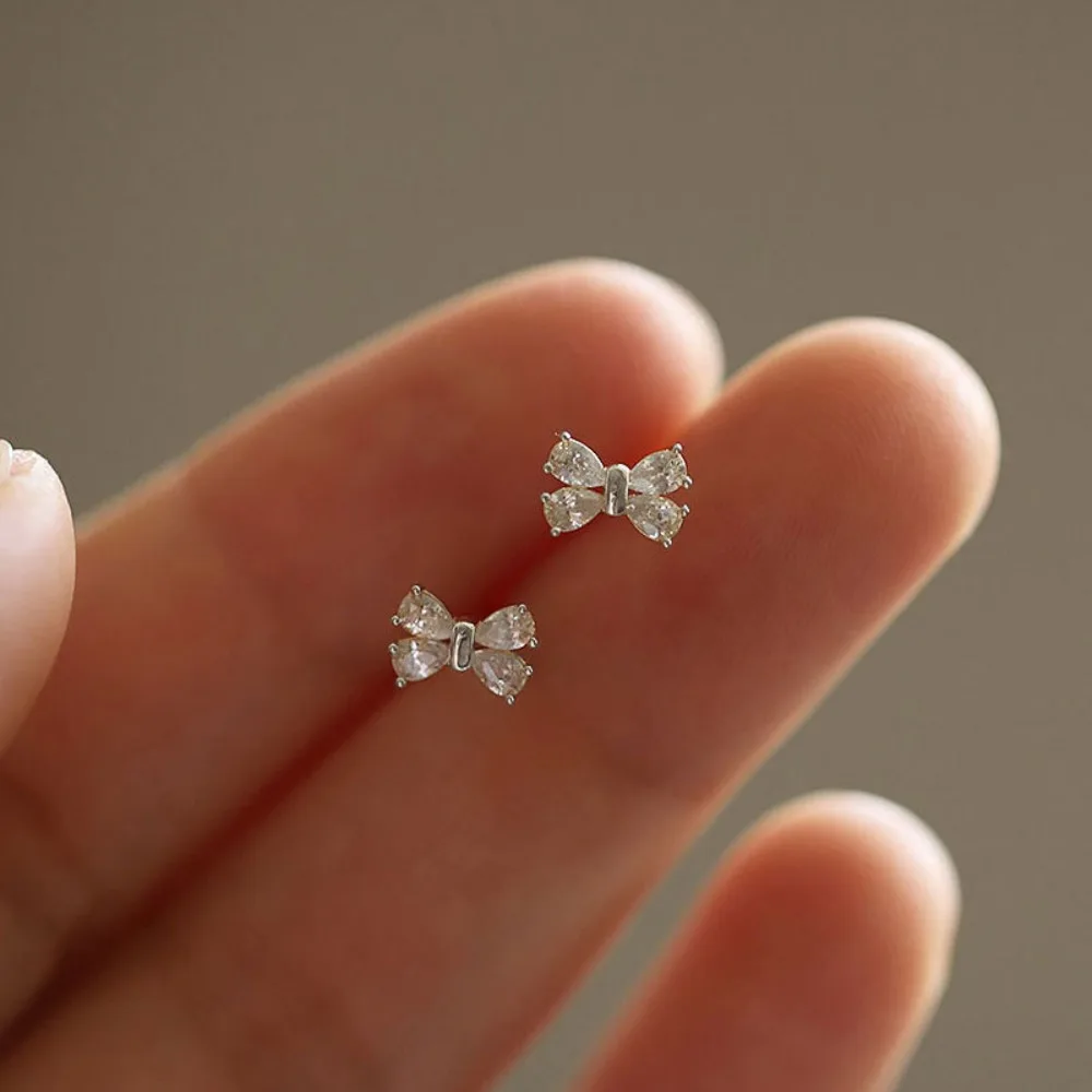 Sweet Cute 925 Sterling Silver Shiny Zircon Mini Bowknot Crystal Stud Earrings for Women Korean Trendy Girl Jewelry Accessories