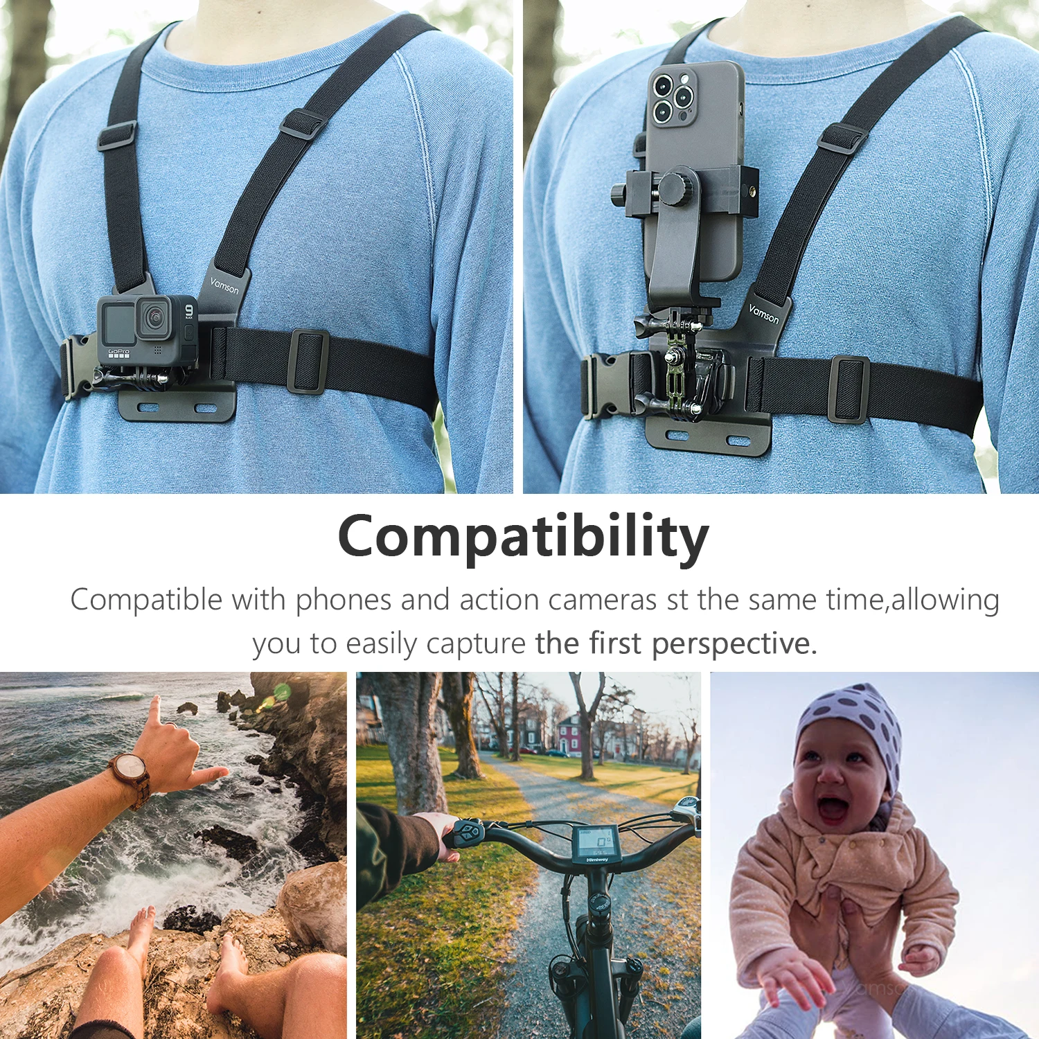 Vamson for Gopro 12 11 10 9 Accessories Chest Strap Body Harness Universal Phone Clip for iPhone Xiaomi Samsung Huawei Insta360