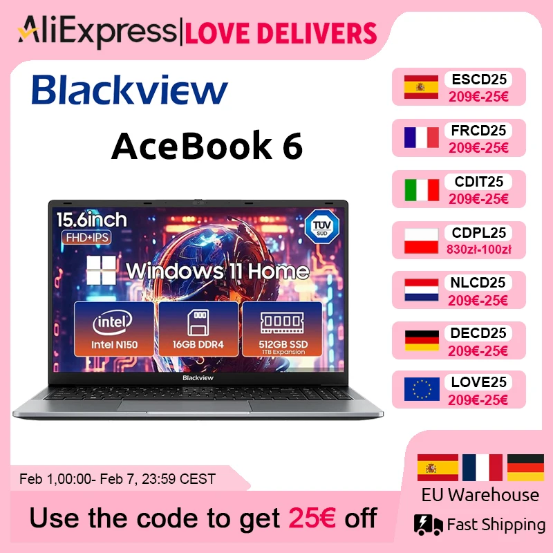 Blackview AceBook 6 laptop 15,6" FHD IPS Intel Twin Lake N150 16GB RAM 512GB SSD + uitbreiding tot 1TB Windows 11 Home Notebook
