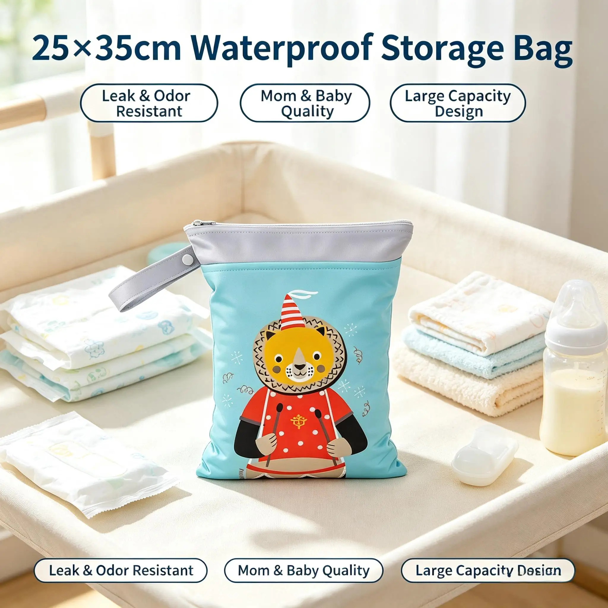Portable Wet Dry Bag Cartoon Printed Double Pocket Storage Bag Waterproof Crib Hanging Organizer For Baby Travel Outdoor