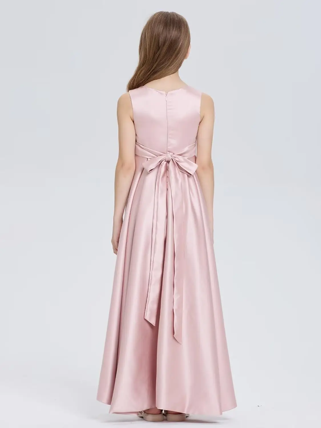 Uma linha de cetim vestido da menina de flor alta baixa pageant vestidos para meninas cetim festa comunhão bailes vestidos de baile com cinto