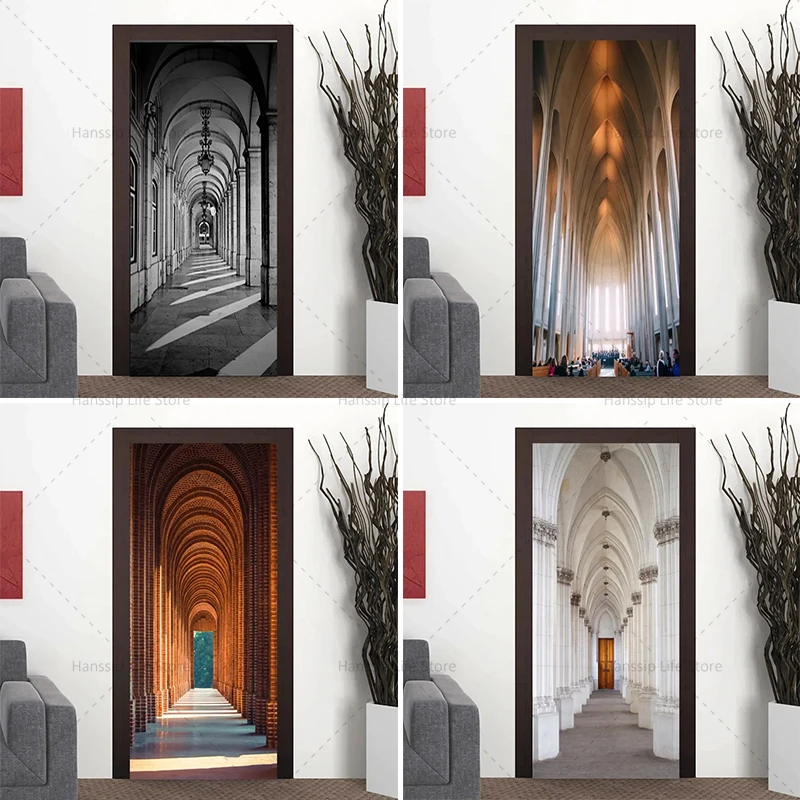 

3D Church Arch Door Stickers Removable Home Decoration Wallpaper Apartment Elevator Renovation Decoration Stickers