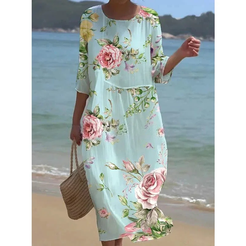 Vestido de verano con estampado Floral para mujer, traje holgado informal de manga corta y cuello redondo, transpirable, ideal para vacaciones y fiestas en la playa, novedad de 2024