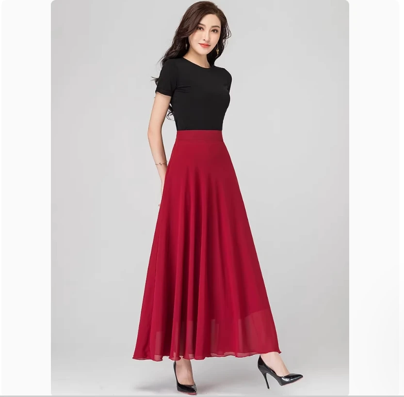 

Новая красная шифоновая юбка средней длины для женщин, большая распашная юбка трапециевидной формы в стиле ретро с высокой талией, элегантное большое танцевальное платье