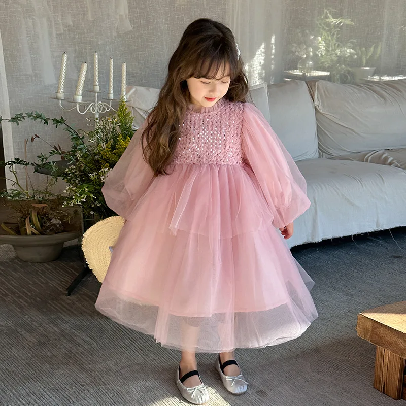 2024 children\'s dress children\'s long sleeved sequin dress medium and small girls cake fluffy gauze dress