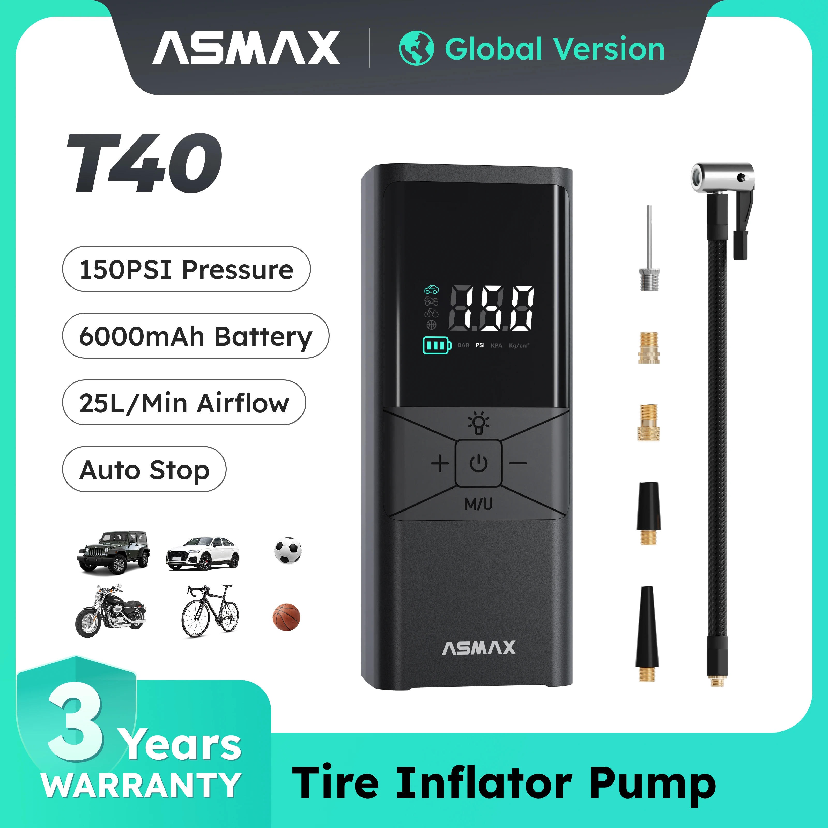 ASMAX T40 150PSI Tire Inflator Pump 6000mAh Rechargeable Portable Air Compressor LED Display Instant Pressure Reading