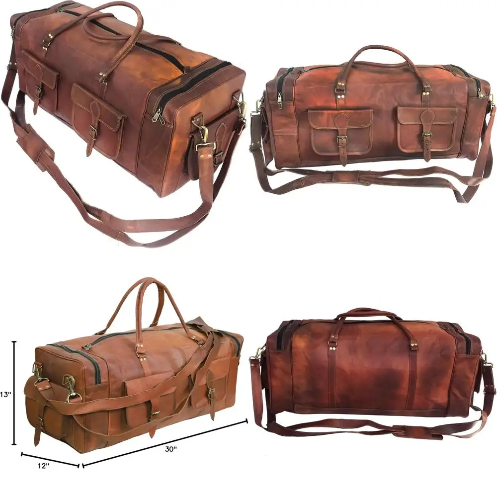 

Vintage Leather Large Duffel Bag - Handmade Travel Luggage, Gym & Hiking, Genuine Brown Carry All Vintage Holdall Bag for Advent
