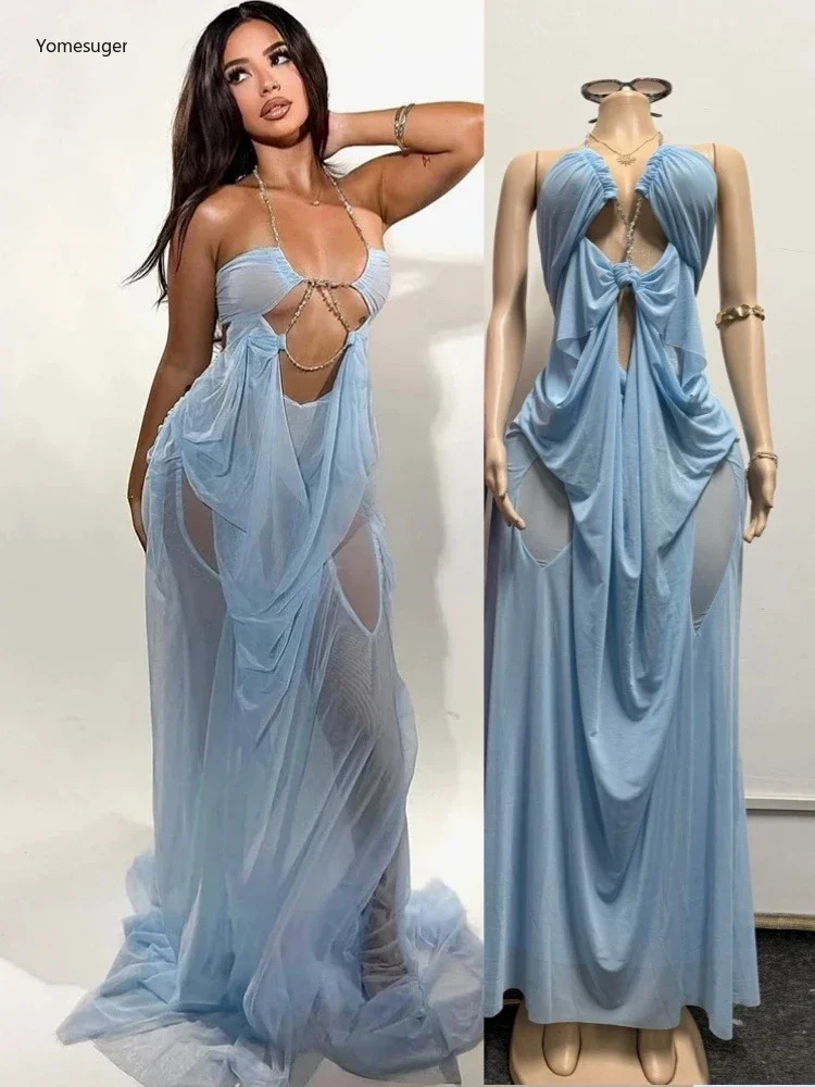 

Женское пляжное платье Yomesugar с асимметричной сетчатой спинкой, сексуальное, прозрачное, с лямкой через шею, глубоким V-образным вырезом, для дня рождения, отпуска, клуба