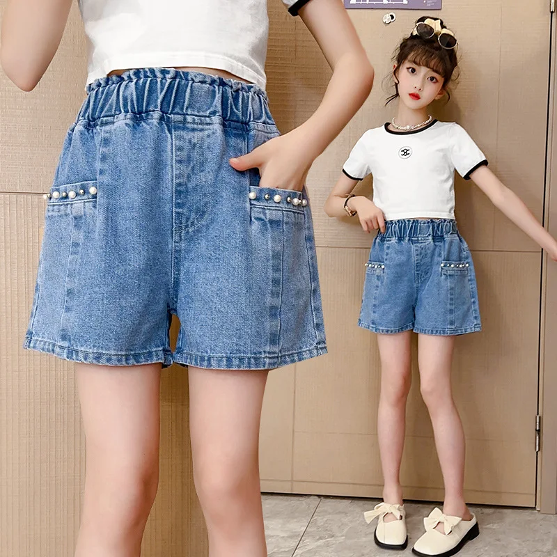 Vintage Baby Girl Front Pocket Denim Shorts For Children Cool Summer Beads Shorts With Pearls For Teens Child Age 5 7 9 11 13 14
