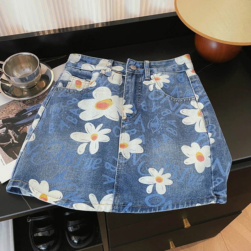 Women Mini Skort Daisy Printed Skirts Floral lastic High Waist Short Skirt with Shorts Pocket Summer Y2K Streetwear Girls Outfit