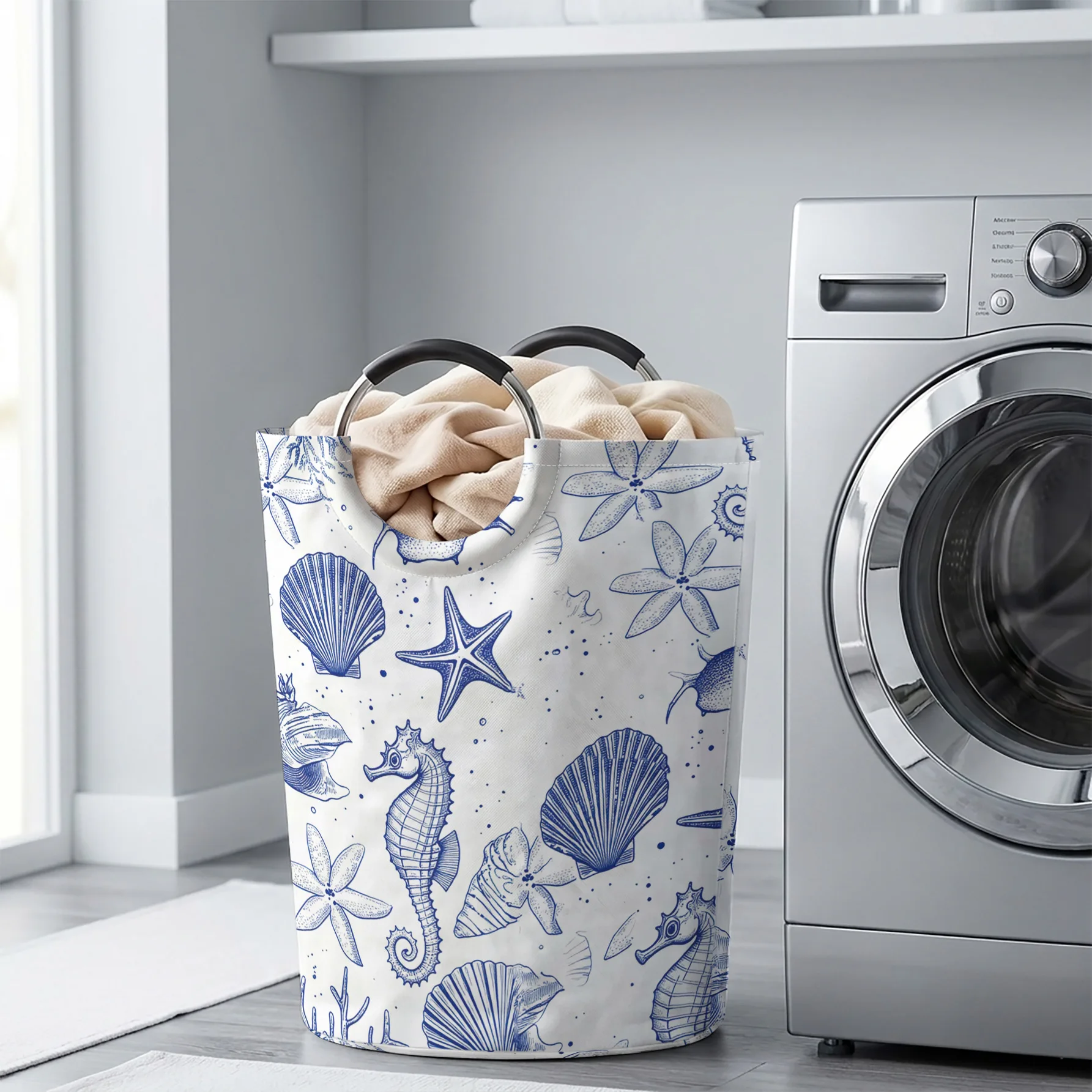 Blue Line Sketch Seahorse Shell Starfish Handheld Storage Basket, For Laundry, Bedroom & Home Sundries Storage