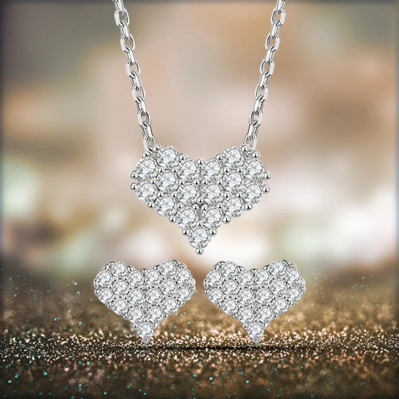 

925 Sterling Silver Moissanite Women's Jewelry Sweet Heart Shaped Necklace Stud Earrings Bracelet Surprise Gift For Girlfriend