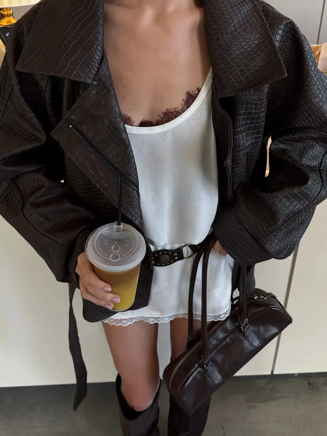 Solid Faux Leather Jacket Women Lapel Asymmetric Zipper Belted Waist Oversized Long Sleeve Coats Vintage Moto Biker Coat 2026