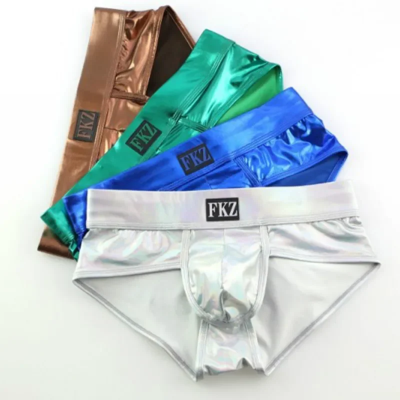 2pc lot sexy hot leather men\'s boxer gold silver metallic shiny boxers men stage dance underwear gays leather boxers