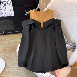 Spring Off Shoulder Design Loose Vest Sexy Patchwork Long Sleeve Shirt Fake Two Piece Tops Y2k Blusas Mujer Casual Blouse Shirts