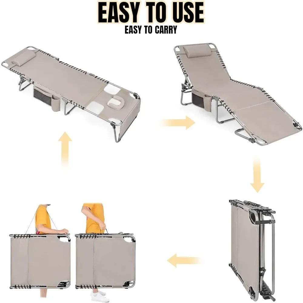 Silla de bronceado de gran tamaño y resistente con orificio facial, tumbonas plegables ajustables de 5 posiciones para exteriores, portátiles