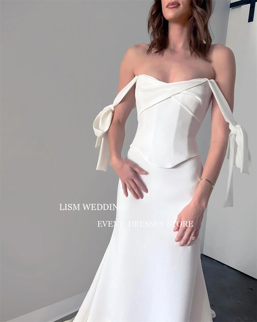 LISM-vestidos de novia de sirena con hombros descubiertos, vestido de novia largo hasta el suelo, satén suave, Simple y elegante, vestido de fiesta hecho a medida