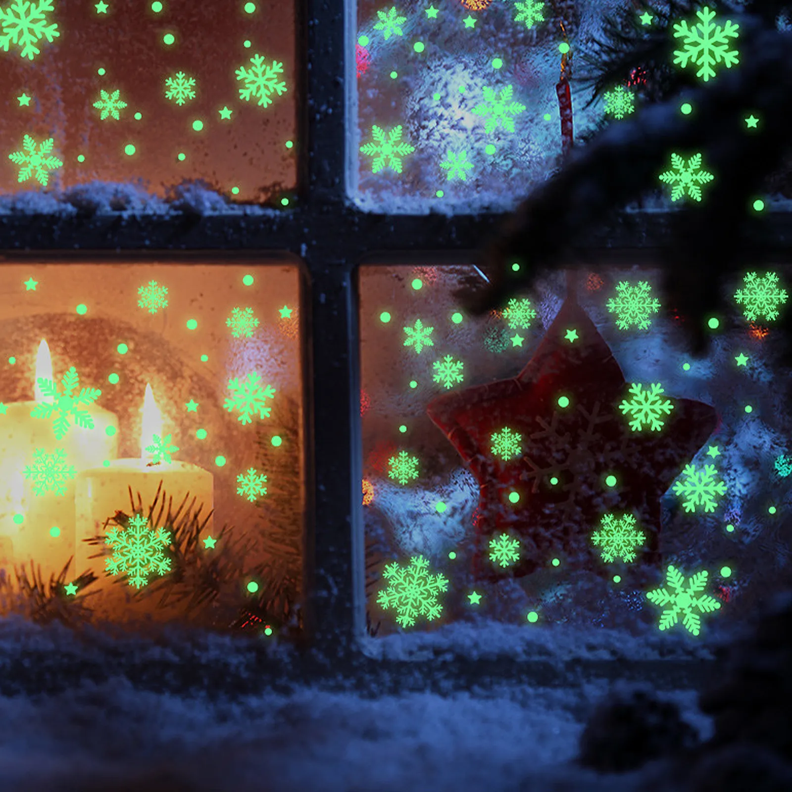 2Sheets Xmas Snowflake Luminous Stickers Christmas Decorative Electrostatic Fluorescent Decals Glow Party Window Decorations