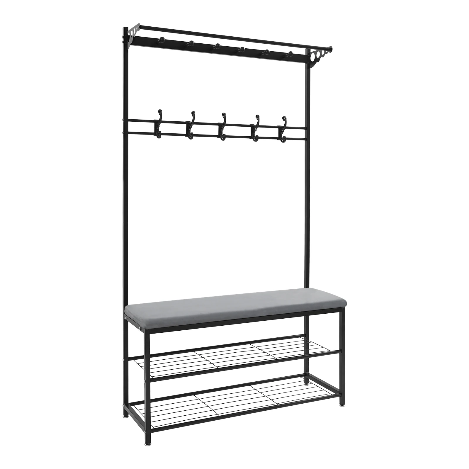 Vrijstaande kapstokstandaard en schoenenrek met bank van 100 cm |   Opbergbank voor schoenen met 2 planken |   Zwart/Blauw/Grijs/Roze