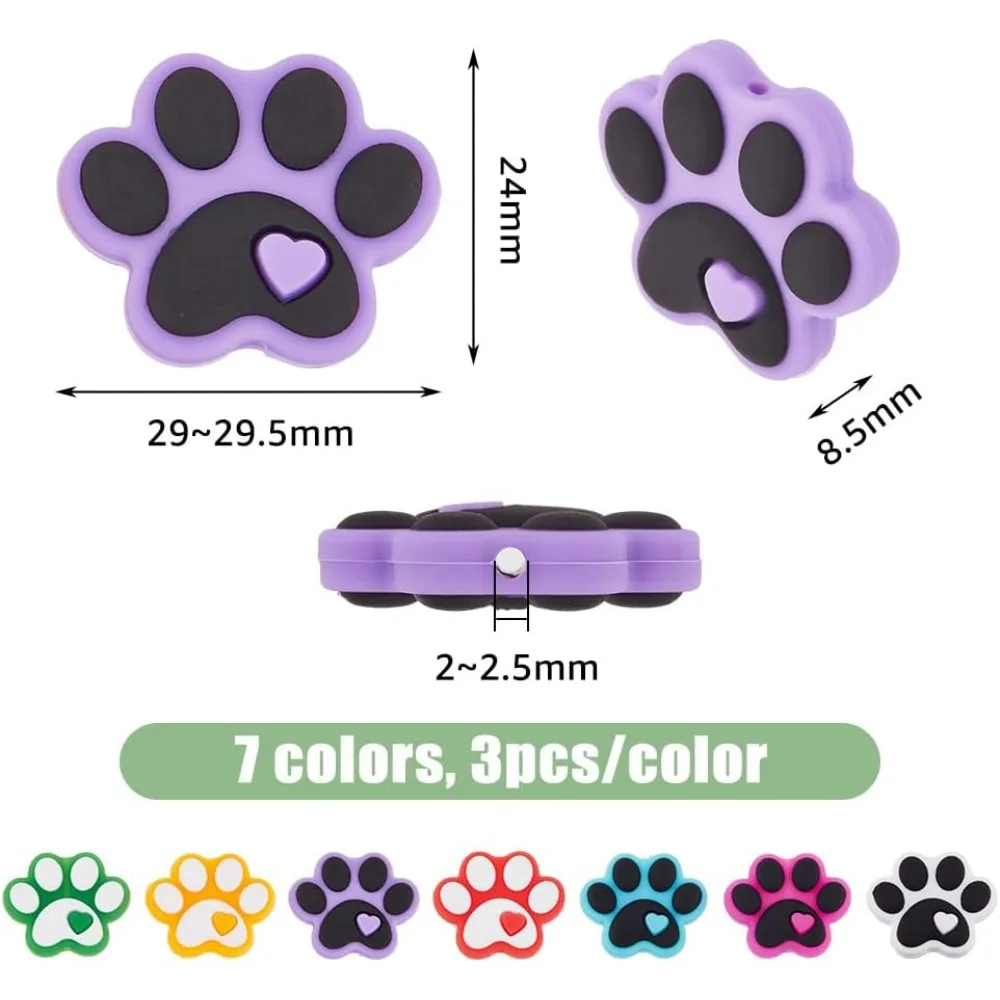 21Pcs 7 Colors Paw Print Silicone Beads 24x29-29.5x8.5mm Dog Paw with Heart Focal Beads Cute Cartoon Beads for Keychain kit