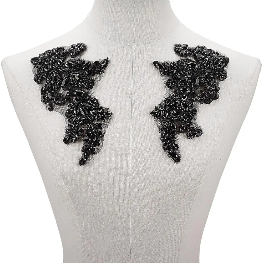 

2Pcs Black Floral Rhinestone Applique Handmade 3D Flower Pearl Beaded Lace Trim Appliques Crystal Bead Embroidery Sew on Tull