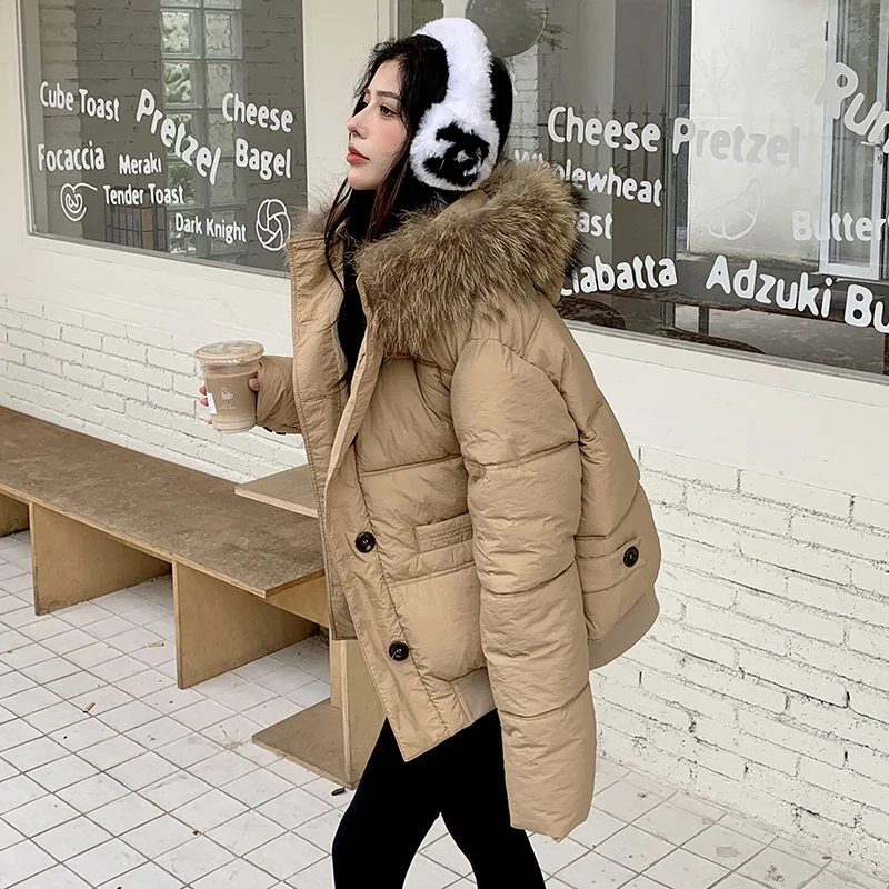 Autunno Inverno Vestiti imbottiti in cotone Parka Piumino in cotone Collo in pelliccia Con cappuccio Donna Spessa calda antivento Tasche grandi