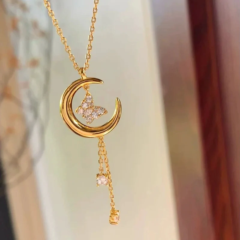 Romantic Moon Butterfly Tassel Necklace for Women Light Luxury Fashion Inlaid Zirconia Necklaces Unique Gift KOFSAC