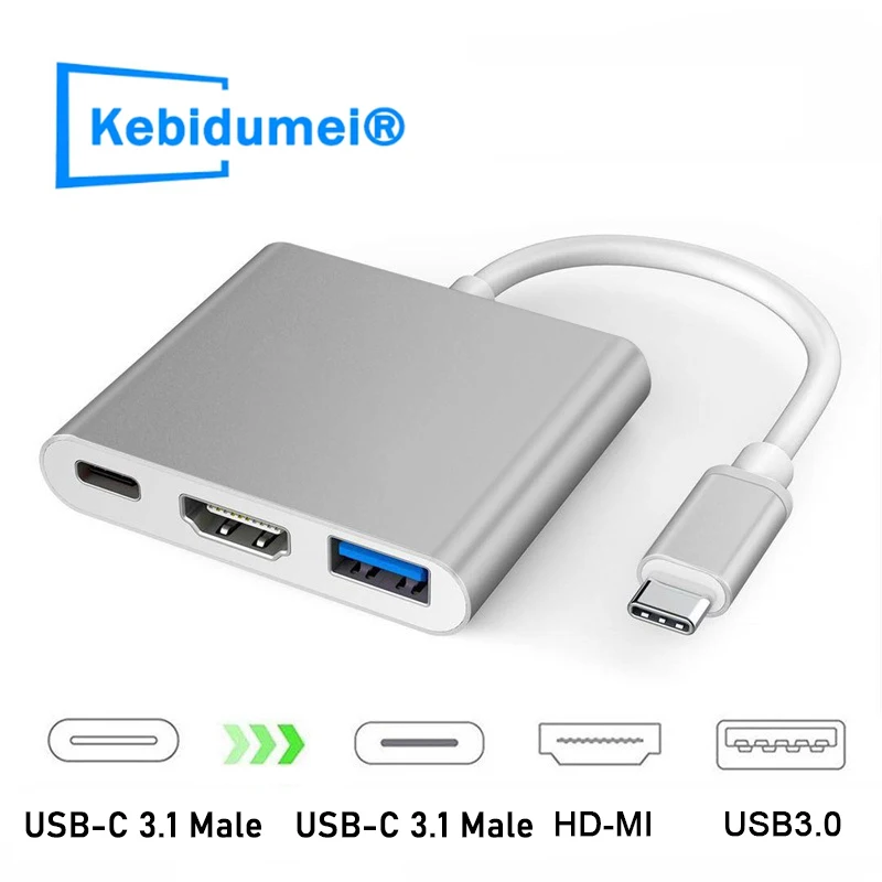 3 в 1, адаптер с портом Type-C на HDMI, 4K, 2K, USB 3,0, OTG, зарядный адаптер, аудио-и видеокабель, USB-концентратор, USB C 3,1 для Macbook, XIAOMI