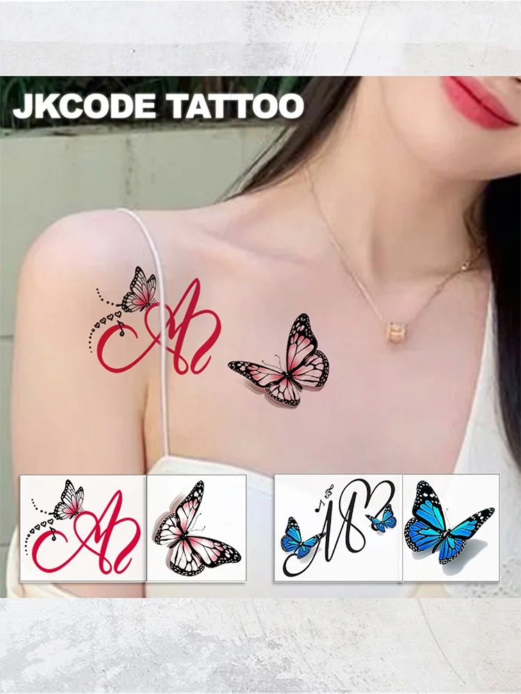2-Piece Set of Realistic 3D Butterfly Temporary Tattoo Stickers with the Letters M, A, K, with Roses and Letters, Washable, for Shoulder and Arm Tattoos Sweet, Cool, and Romantic Design. Simple, Cute, and Unique Color-Printed Tattoo Stickers That Can Last for 3-5 Days.