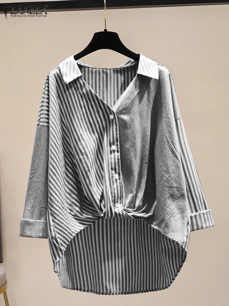 ZANZEA Fashion Summer Striped Shirt Women V Neck Long Sleeve Blouse Elegant Asymmetrical Hem Blusas Casual Work Tops Chemise