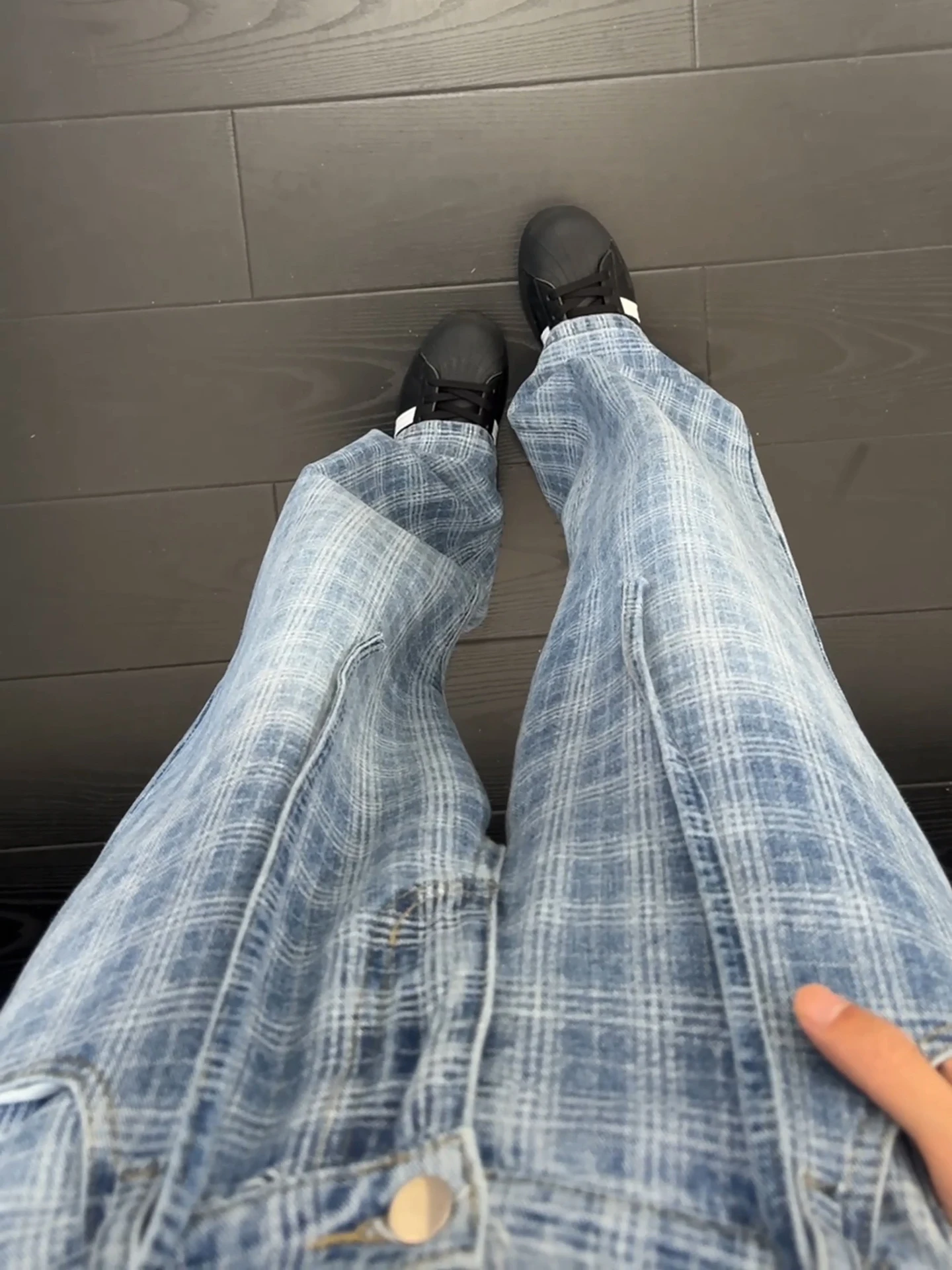 

Blue Plaid Splicing Jeans Men's Summer Thin Vintage American Straight Leg Loose Fit Flared Pants mid High Waist Cotton Polyes...