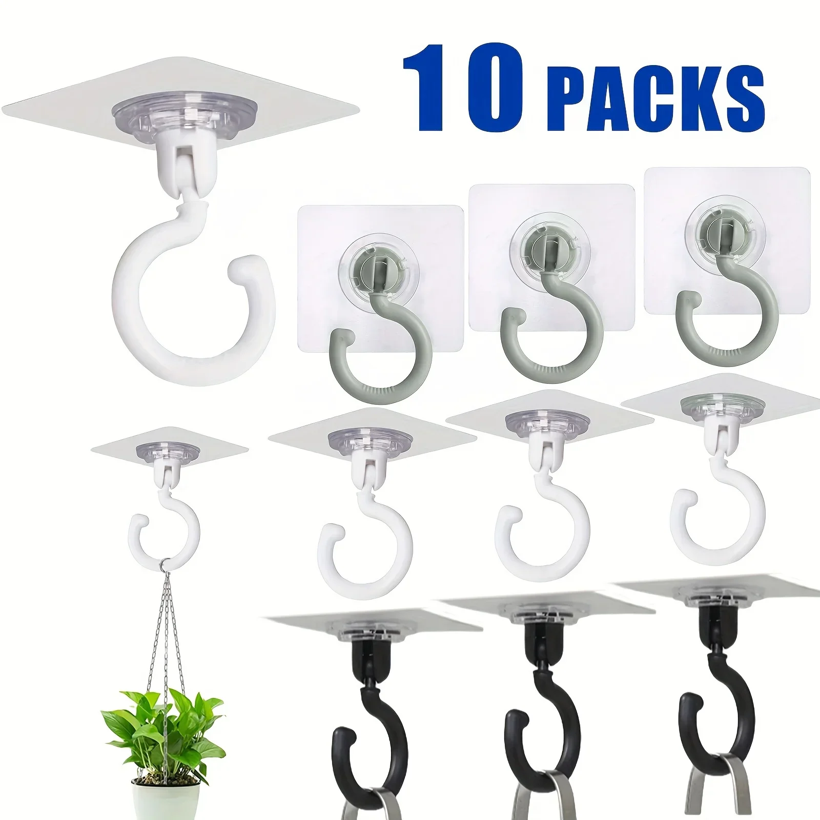 10Pcs 360-degree rotatable self-adhesive ceiling hook, used for chandeliers, plant lights, wind chimes, hanger hooks