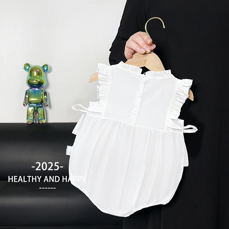 Summer Sleeveless Onesie For Toddler Ruffle Side Tie Bodysuit With Floral Embroidery Breathable Clothea For Daily Wear