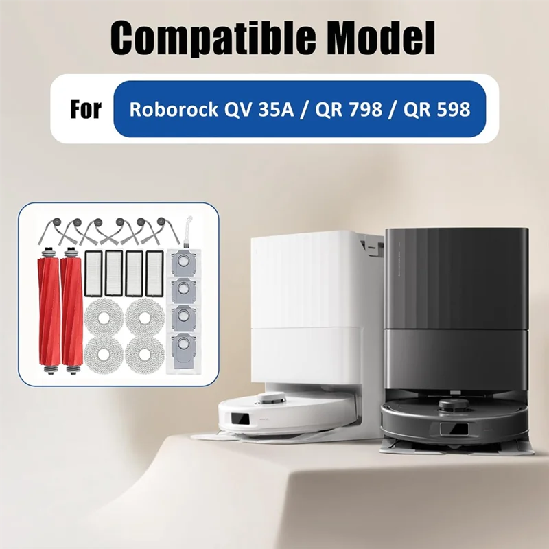 مجموعات الملحقات ل Roborock QV 35A / QR 798 / QR 598 أجزاء المكنسة فرشاة جانبية رئيسية فلتر Hepa كيس لجميع الغبار وسادة الممسحة