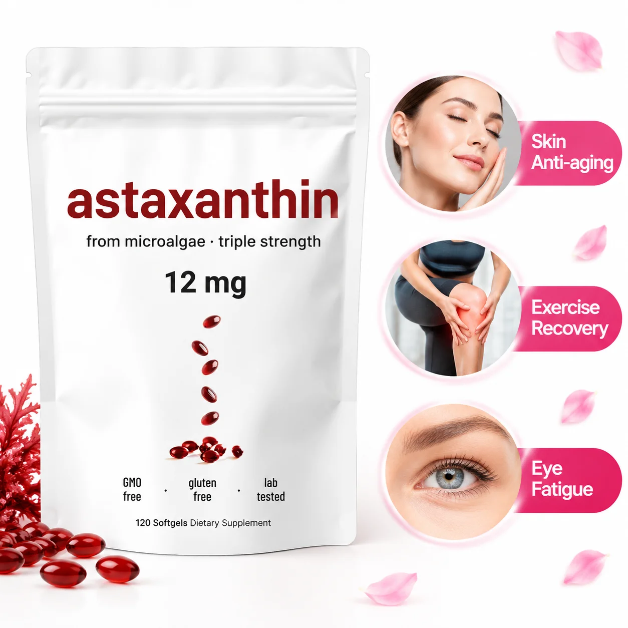 Astaxanthin Softgels Skin Anti-aging Muscle Recovery Exercise Fatigue Screen with MCT Oil 120 Capsules for Skin Health Women