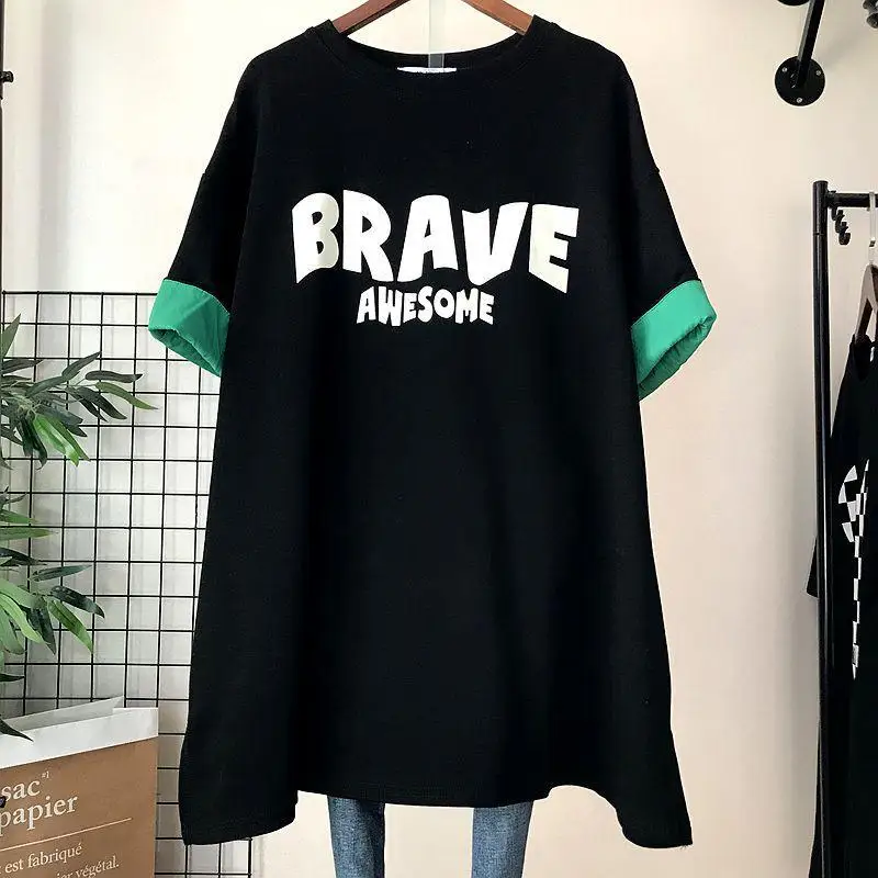Summer New Contrast Patchwork Top T Shirt Round Neck Short Sleeve Plus Size Loose Pullovers Simplicity Casual Women Clothing