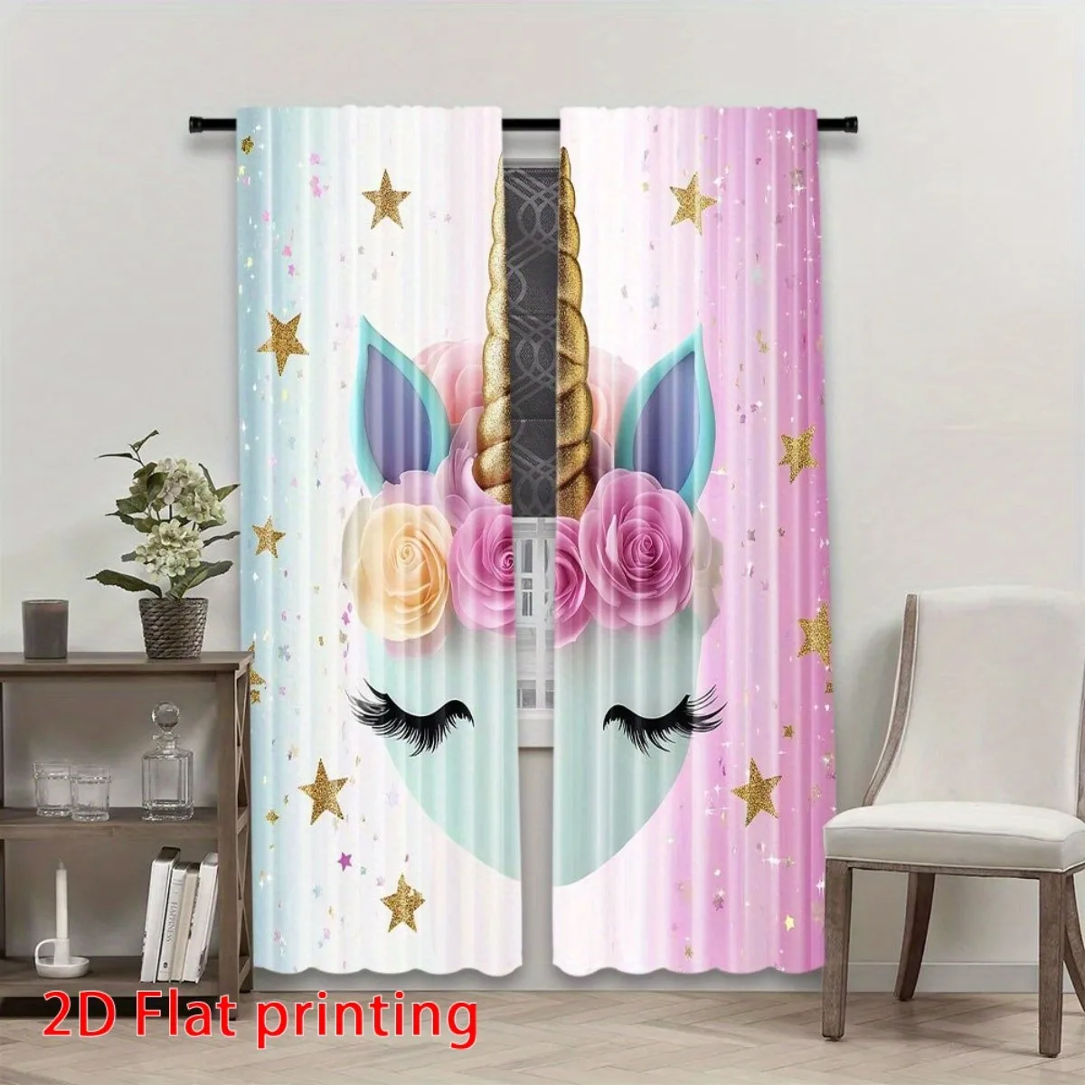 Unicorn Face Curtain, Cute Rainbow Floral Horn Pattern Drape Fantasy Star Window Treatment for Kids Room Bedroom Girl Home Decor