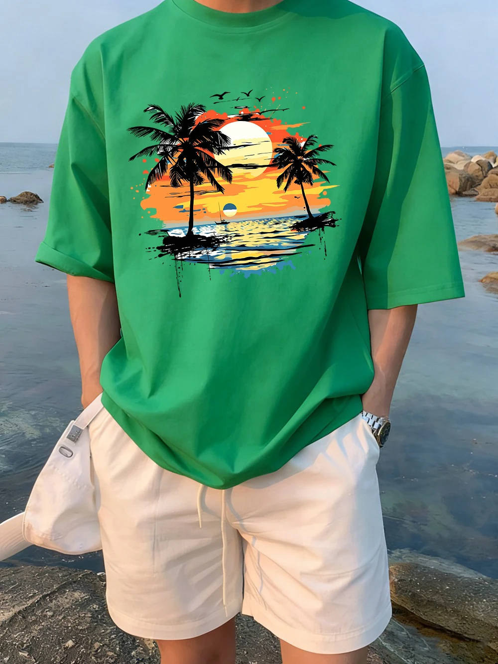 Beautiful Sunset Coconut Tree Scene Design Man Casual Soft Streetwear Cotton Trendy Short Sleeve Hip Hop Comfortable Clothes
