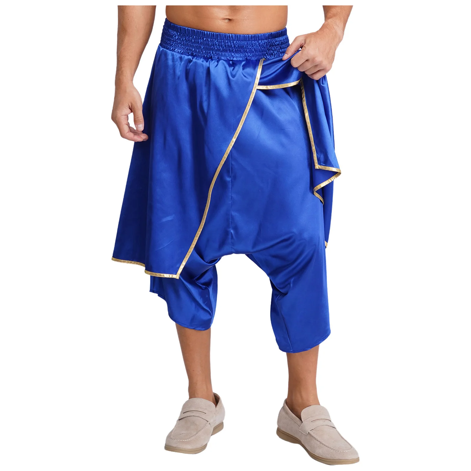 Męskie arabskie spodnie haremki w stylu hippie z nieregularnymi nakładkami, metalicznym wykończeniem, szerokim elastycznym pasem, luźne spodnie typu latarnia, satynowe spodnie dhoti w stylu indyjskim.
