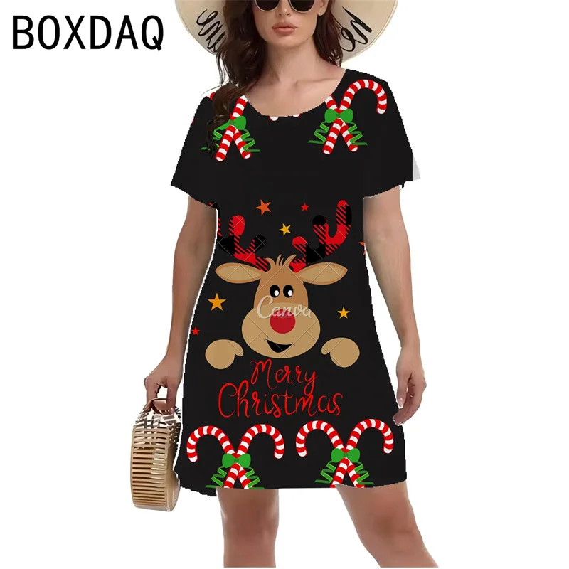 Women Christmas Party Dress 3D Fun Christmas Deer Santa Claus Print Mini Dress Short Sleeve O-Meck Casual A-Line Dress Vestidos