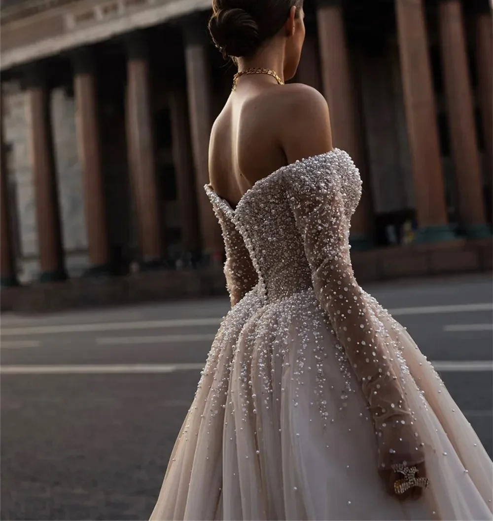 Princess Champagne Wedding Dresse 2026 Off-The-Shoulder Beads Sequins Pearls A-line Church Bridal Gowns Bride Dress Vestidos